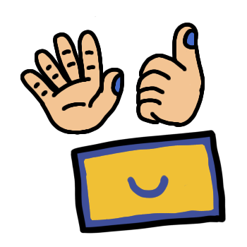 two light skinned hands with purple nailpolish, one with an open hand palm facing the camera, and one giving a thumbs up, are above a toki pona flag, which is mostly yellow with a blue border and a blue sitelen pona symbol for 'pona' in the center.